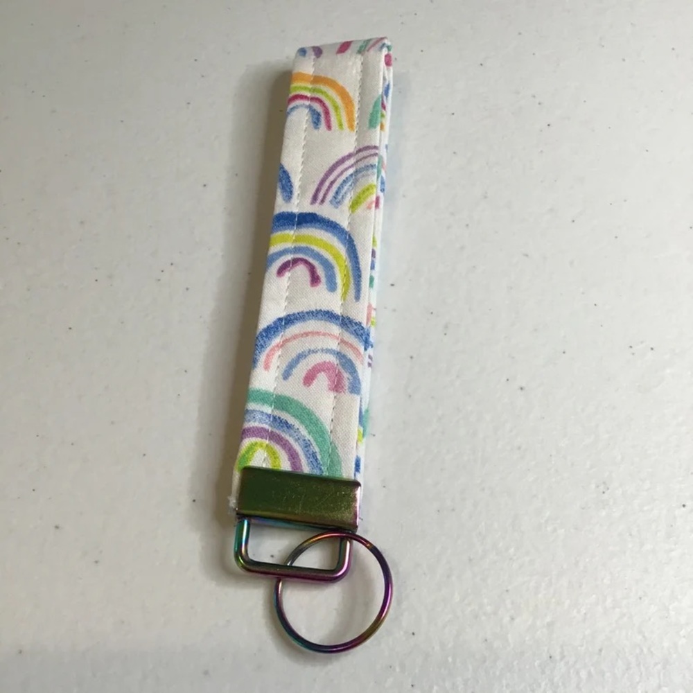 Keychain Wristlet Pastel Rainbow w blue iridescent hardware HANDMADE new